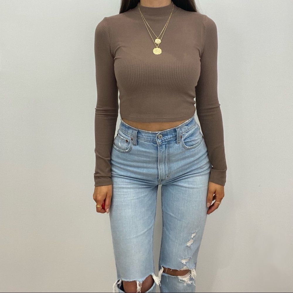 NWT Anthropologie Brown Mock Neck Long Sleeve Crop Top